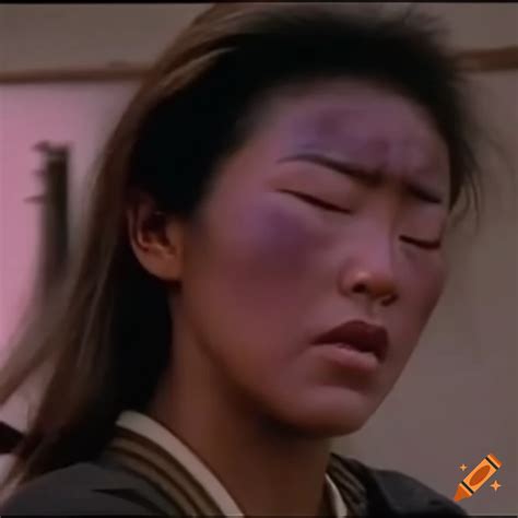 bruised asian woman martial arts fighter in 80s movie scene on craiyon
