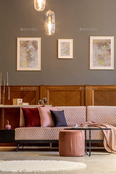 Stylish Interior Of Living Room With Design Pink Velvet Sofa Stock