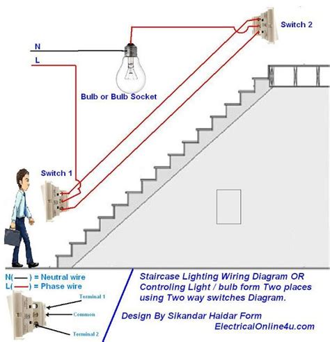 The switch wires are added as shown in the ceiling rose diagram above and connected to the switch also as shown. two way light switch diagram & Staircase Wiring Diagram ...