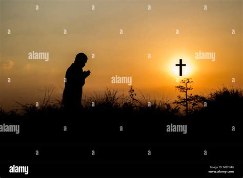 Cross Silhouette Man Christian Praying Religion Worship Prayer