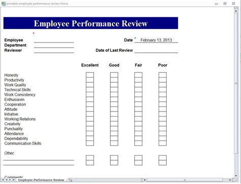 Printable Employee Performance Review Template Excel Fillable Images