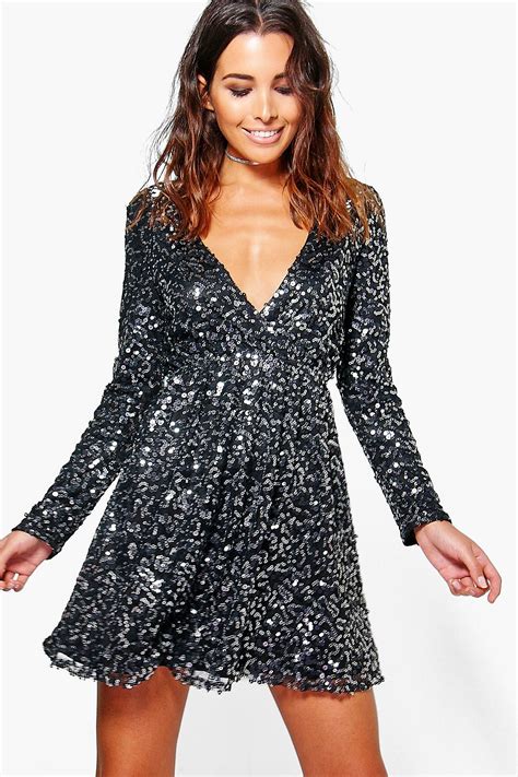 Boutique Sequin Wrap Skater Dress Short Sparkly Dresses Black Sparkly
