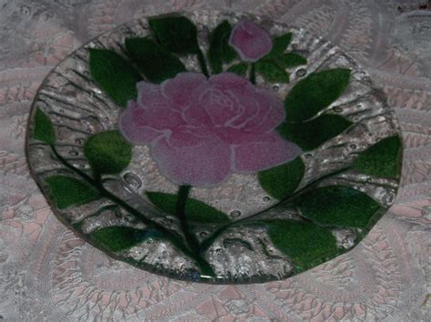Vtg Sydenstricker Fused Art Glass Long Stem Pink Rose Plate Pressed Glass Dish Fusedglass