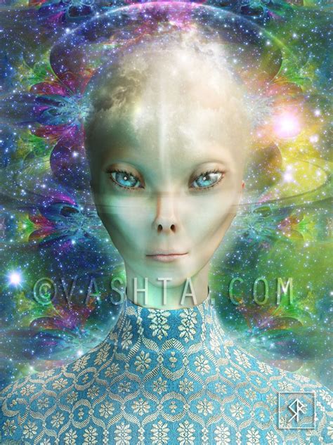 An Alien Woman With Blue Eyes Is Surrounded By Stars And Cosmic Shapes