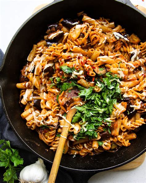 charred eggplant roasted garlic pasta with tahini — kula s kitchen