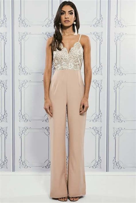 PREMIUM NUDE SCALLOP EDGE METALLIC LACE PALAZZO JUMPSUIT Sleeveless