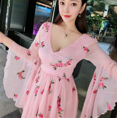 New Korean Sexy V Neck Flower Embroidery Sweet Flared Sleeve Open Back Dress · Harajuku Fashion