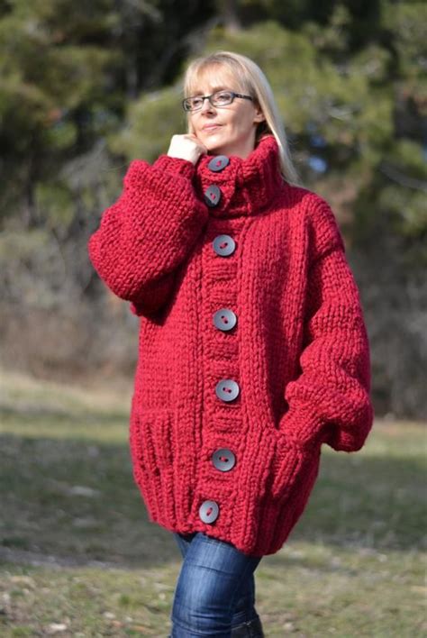 Handmade Wool Cardigan Knitted Wool Coat Long Tneck Cardigan Chunky