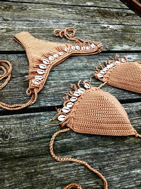 Crochet Bikini Set Tan Bronze With Natural Seashells Etsy