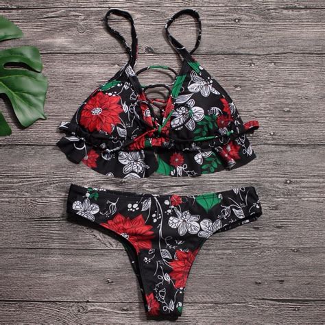 NIDALEE Flouncing Bikini Set Flower Paint Swimsuit Bikini Tanga