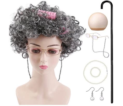hawee old lady wig costume granny cosplay wig with hair rollers granny cane grandma dress up