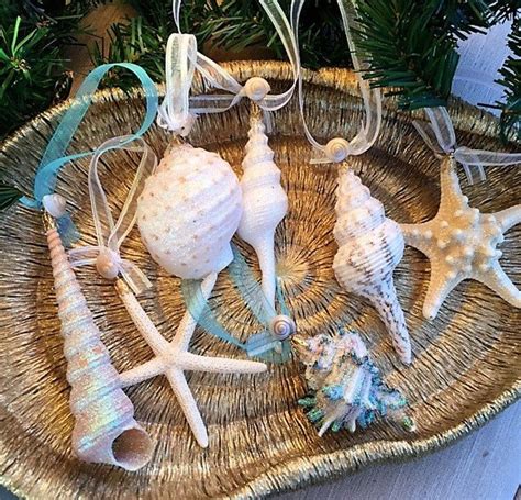Beach Decor Christmas Seashell And Starfish Glitter Ornament Set 7PC