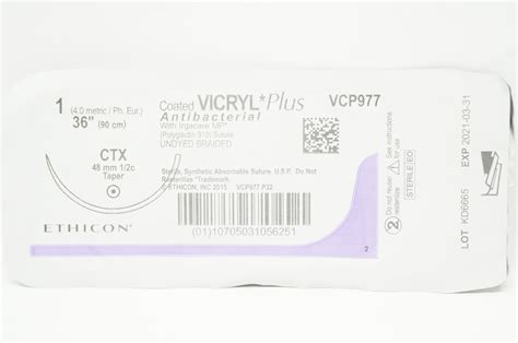 Ethicon Vcp977 1 Coated Vicryl Plus Stre Ctx 48mm 12c Taper 36inch