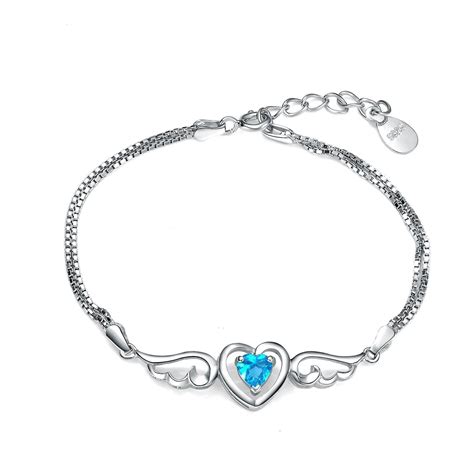 Womens Sterling Silver Sky Blue Angel Wings Love Heart Bracelet