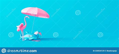 Pink Flamingo And Rubber Shark With Beach Accessories On Blue
