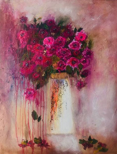 Still Life Pink Red Roses In A Vase Painting By Henrieta Angel