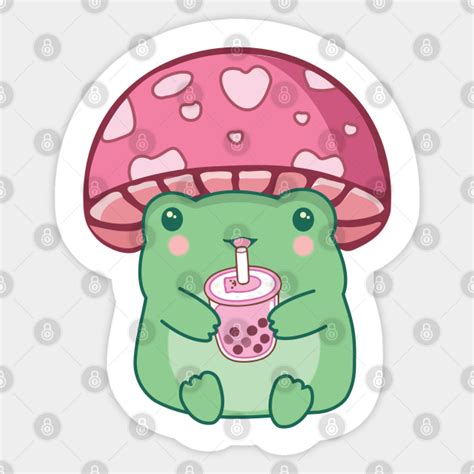 Kawaii Frog Mushroom Hat Drinking Pink Strawberry Boba Tea Kawaii