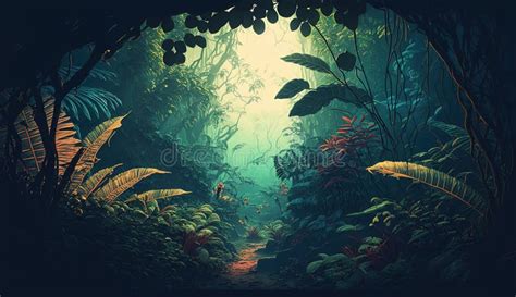 Celestial Outstanding Jungle Landscape Stock Illustration