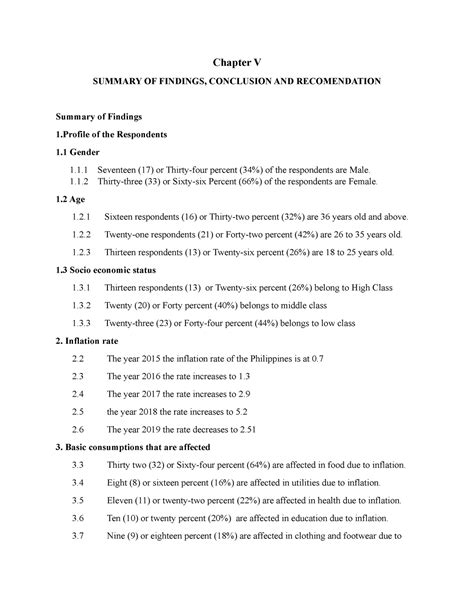 Chapter V Inflation And Its Effects Chapter V SUMMARY OF FINDINGS