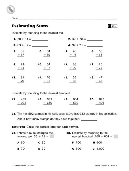 Estimating Sums Worksheet For 3rd Grade Lesson Planet