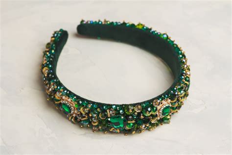 Emerald Tiara Beaded Headband For Women Gold Green Crystal Etsy