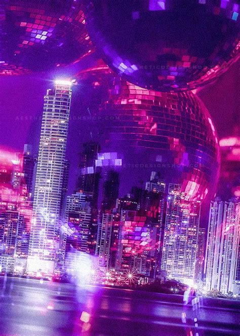 Aesthetic Image Of Purple City Skyline Overlaid By Party Globes Image