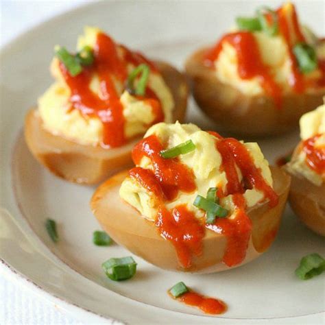 Hot buttered griddle, using 1/4 cup batter for each. Soy Sriracha Deviled Eggs: soaked in soy and drizzled with lots of spicy sriracha. (With images ...