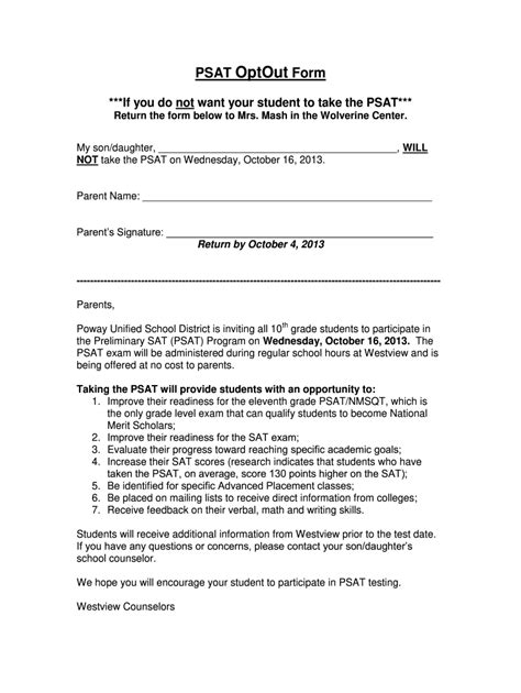 Psat Opt Out Form Fill And Sign Printable Template Online Us Legal