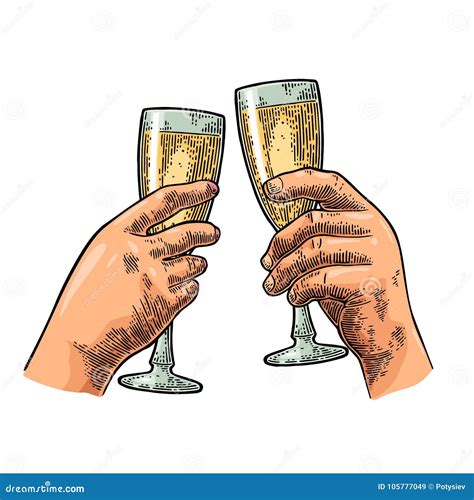 Female And Male Hands Holding And Clinking Two Glasses Champagne Stock