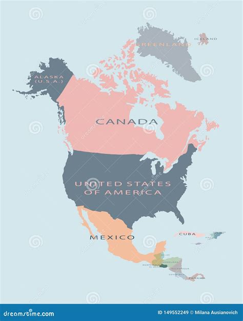 North America Political Map With Country Names Stock Illustration