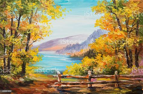 Oil Painting Landscape Colorful Autumn Forest Mountain Lake Stock Illustration Download Image