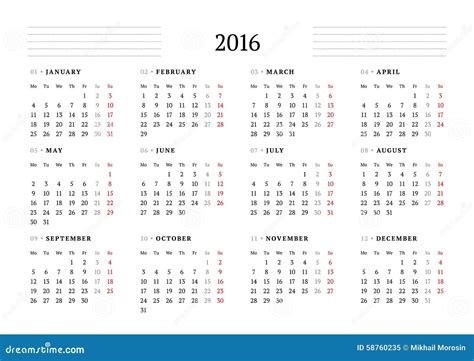 Simple Calendar For 2016 12 Months Stock Vector Illustration Of