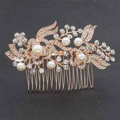 Rose Gold Rhinestone Crystals Flower Wedding Bridal Hair Side Comb