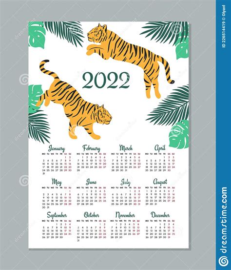 2022 Calendar Template Calendar With Symbol Year Tiger Stock Vector
