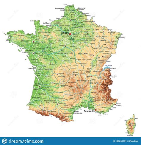 High Detailed France Physical Map With Labeling Stock Vector
