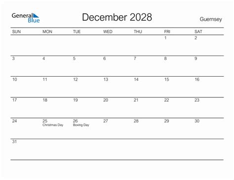 Printable December 2028 Monthly Calendar With Holidays For Guernsey