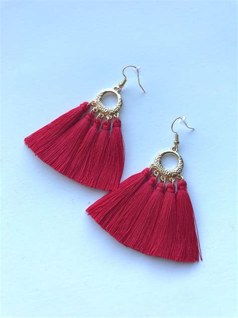 Red Tassel Earrings-Tassel Earrings- Gold Tassel Earrings- Silk Tassel ...