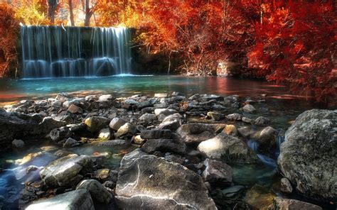 Nature Landscape Fall River Pond Trees Italy Waterfall Stones Forest