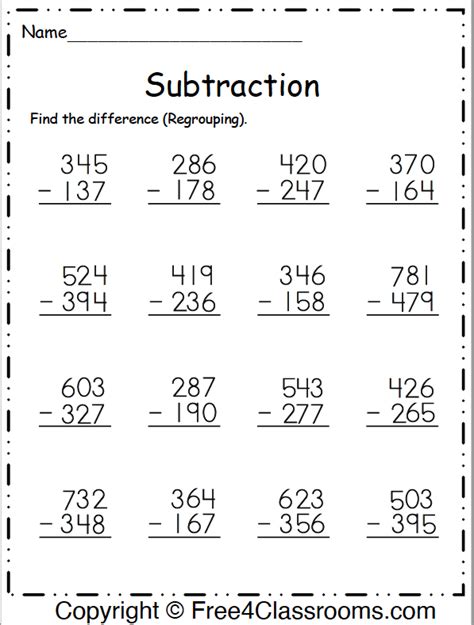 Subtraction Borrowing Worksheet 3 Numbers