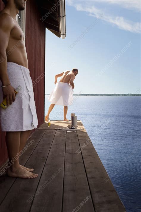 Two Men Standing Outside Sauna Stock Image F009 3151 Science