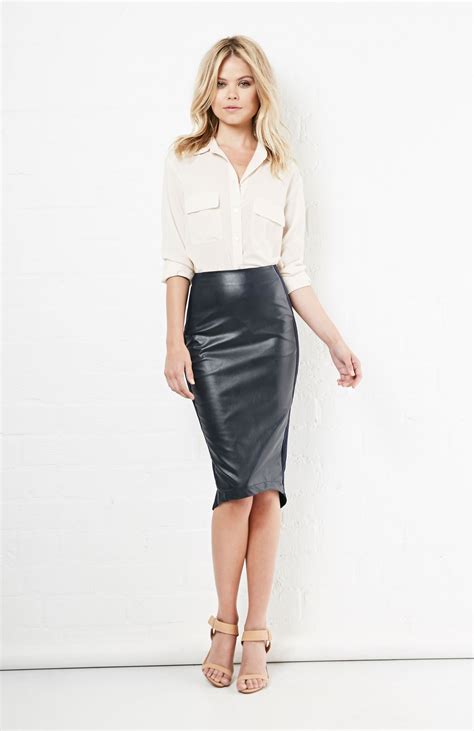 Midi Pencil Skirt Featuring A Vegan Leather Front Stretchy Knit Back