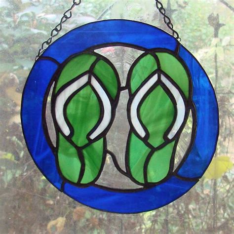 Flip Flops Blue And Green Stained Glass Sun Catcher Panel