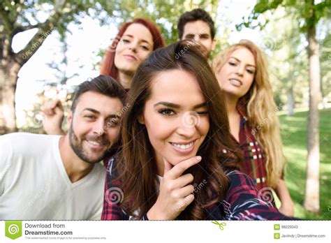 Group Of Friends Taking Selfie In Urban Background Stock Image Image Of Adult Mobile 98229343