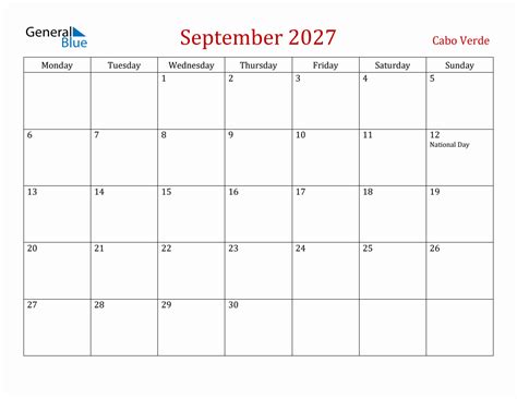 September 2027 Cabo Verde Monthly Calendar With Holidays