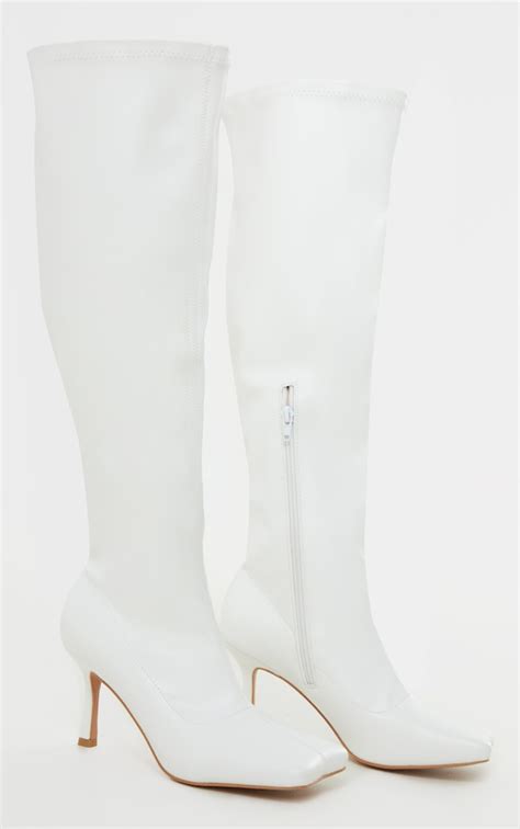white extreme low heeled sock knee high boots prettylittlething usa