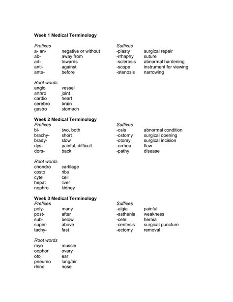 Week 1 Medical Terminology Prefixes Suffixes A An