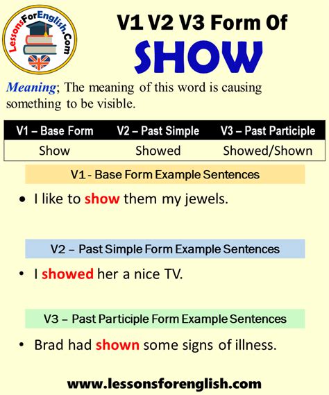 Past Tense Of Show Past Participle Form Of Show Show Showed Shown V1