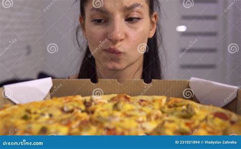 hungry dieting woman can t eat tasty pizza loosing weight fast food addiction stock footage