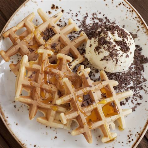 Belgian Waffles With Ice Cream Stock Photo Image Of Flour Powder