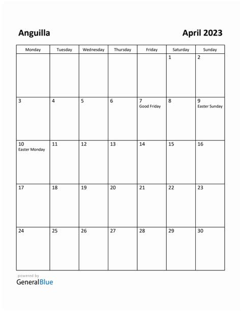 Free Printable April 2023 Calendar For Anguilla